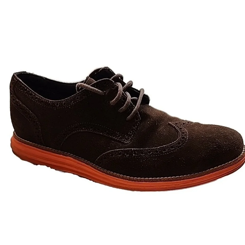 Cole Haan Shoes Mens 11 Lunargrand Wingtip Brown Suede Oxford Brogue Orange Sole